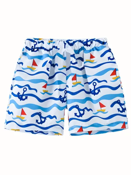 Design Nautical Print Swim Trunks White Blue Red Swimwear - 6