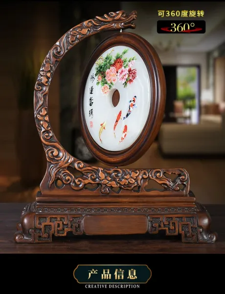 Design Chinese Ceramic Decorative Plate with Dragon Carved Wooden Stand Accessories - 6