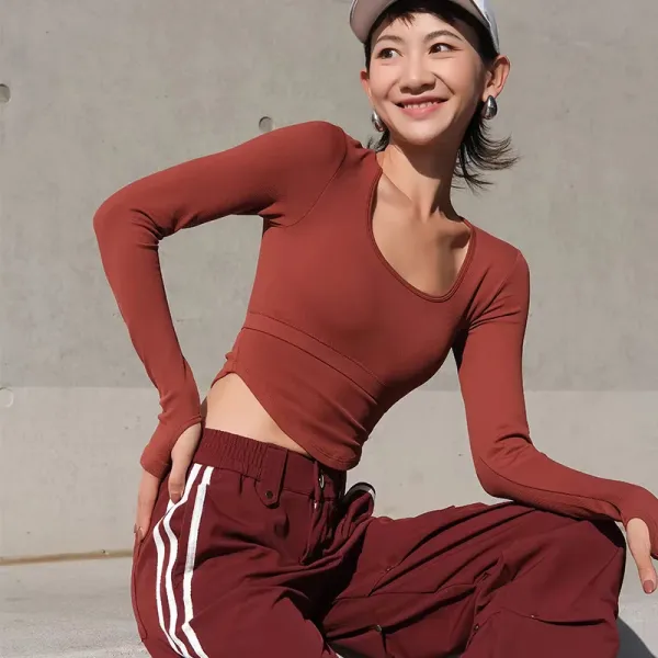 Design Long Sleeve Cropped Top and Track Pants Set in Burgundy - 1
