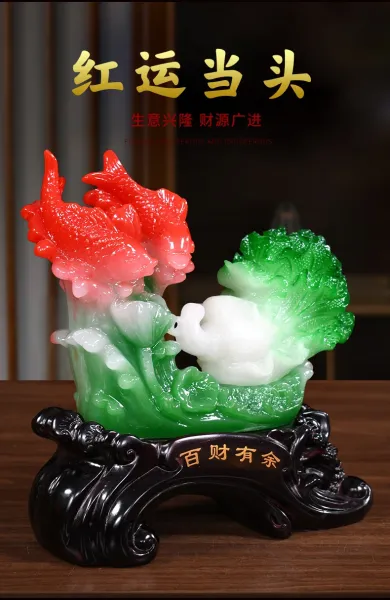 Design Decorative Jade-style Fish and Cabbage Ornament with 'Bai Cai You Yu' Base Accessories - 5