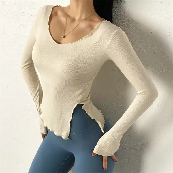Design Ribbed Long Sleeve Top with Back Tie and High-Waisted Leggings Set Beige Gray Activewear - 13