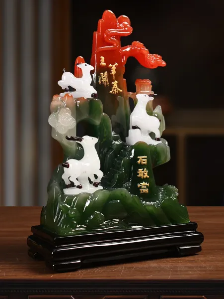 Design Three Deer Jade Mountain Sculpture with Auspicious Inscriptions Decorative Figurine Accessories - 7