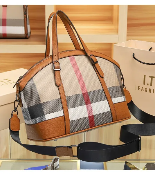 Burberry Check Print Boston Bag Tan Handbags - 21