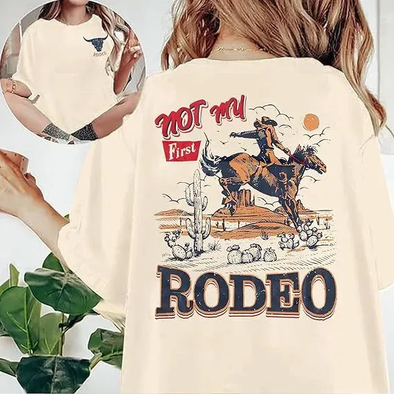 Design Not My First Rodeo Graphic Print Beige T-Shirt Tops.t Shirts - 1