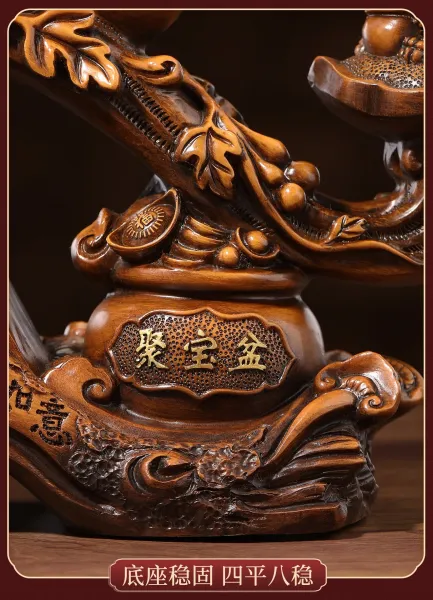 Design Traditional Chinese Wood Carving Ornament 'Fu Lu Ru Yi' with Gourd and Pixiu Accessories - 10