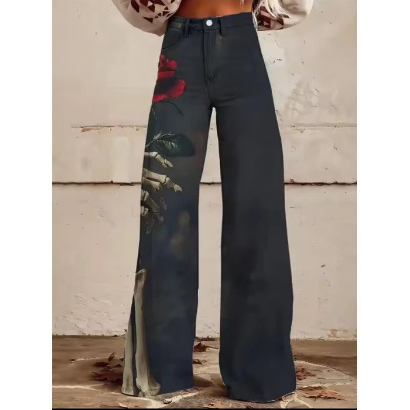 Design Floral Skeleton Print Wide-Leg Jeans