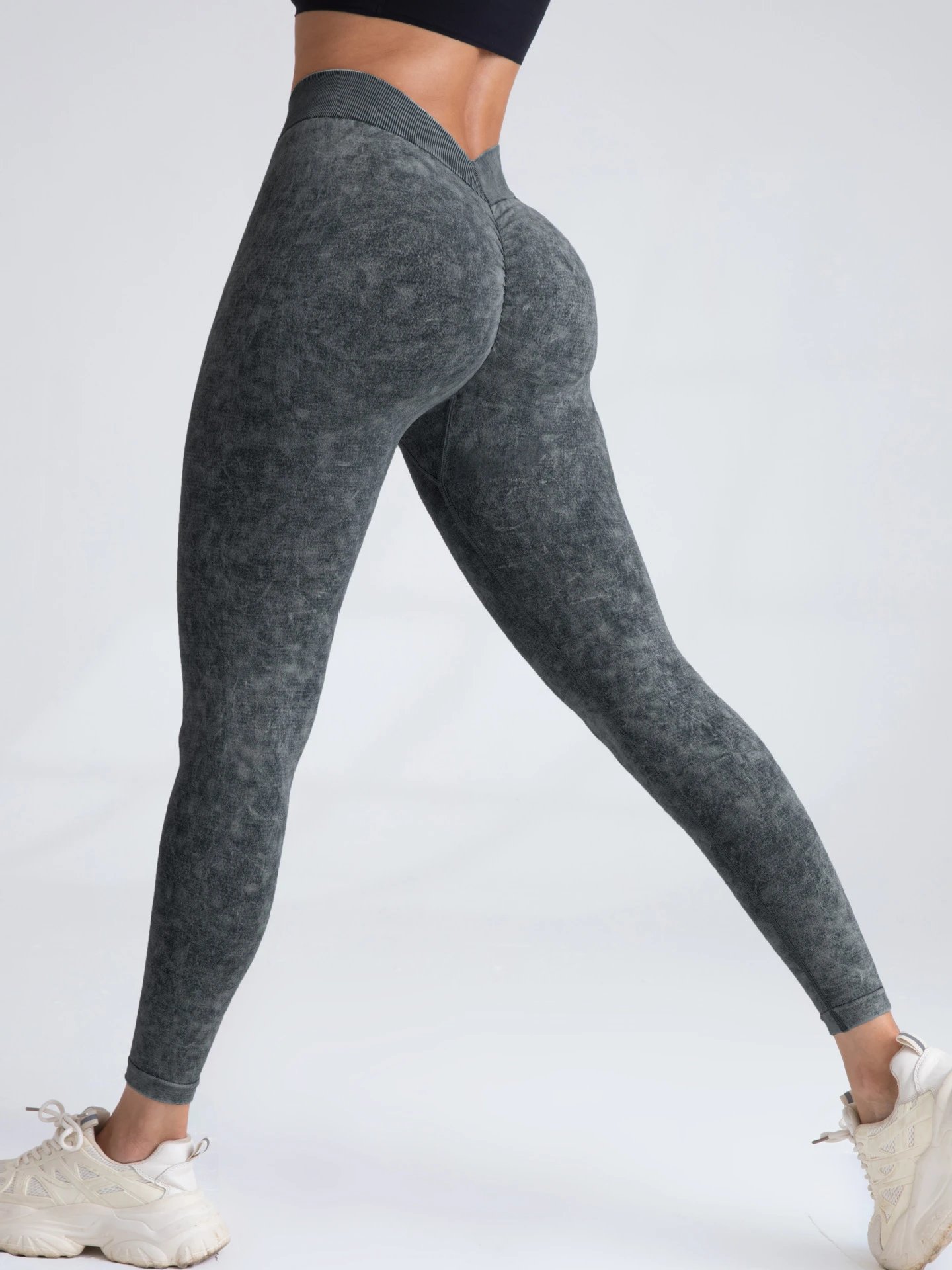 Acid Wash Gray High-Waist Leggings with Ribbed Waistband