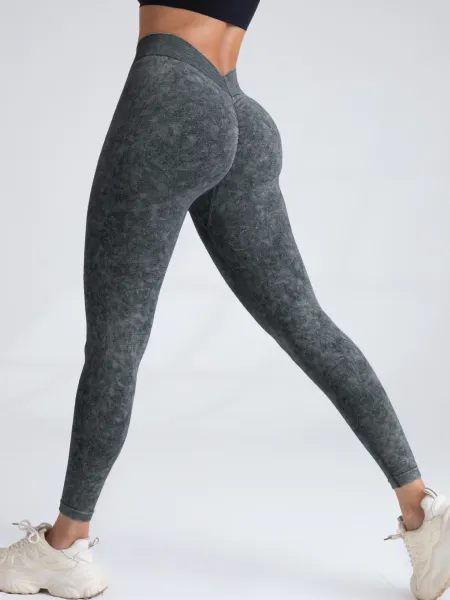 Design Acid Wash Gray High-Waist Leggings with Ribbed Waistband - 1
