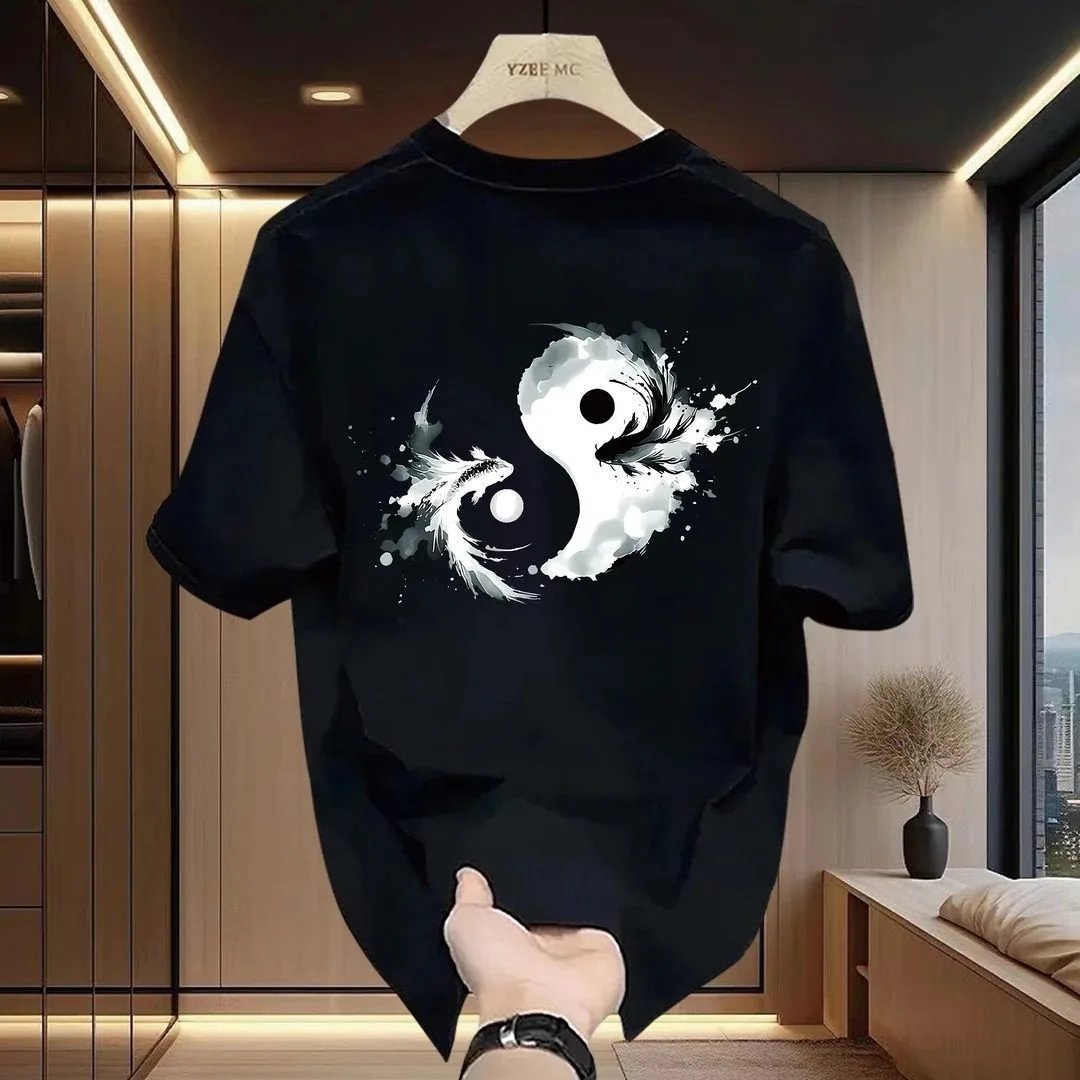 Design YZBE MC Yin Yang Koi Fish Print White T-Shirt T-Shirts - 2