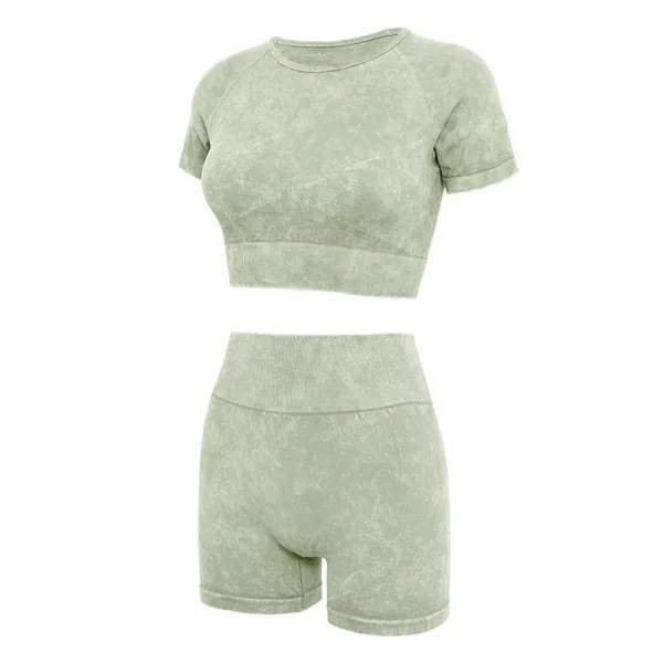 Design Acid Wash Sage Green Cropped Top and High-Waisted Shorts Set - 1