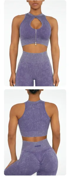 Design Ribbed Cut-Out Zip Front Crop Top in Pink Activewear - 14