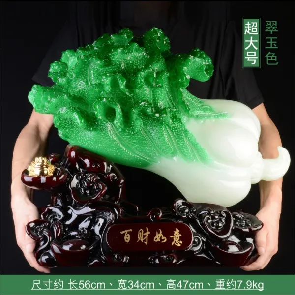 Design Jade Cabbage Ornament in Emerald Green and White with Wooden Base Accessories - 1