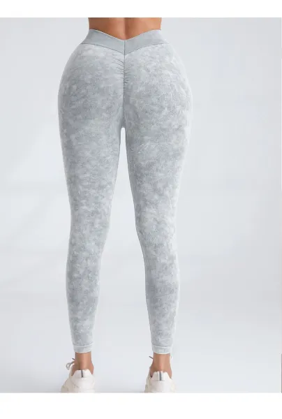 Design Acid Wash Gray High-Waist Leggings with Ribbed Waistband - 12