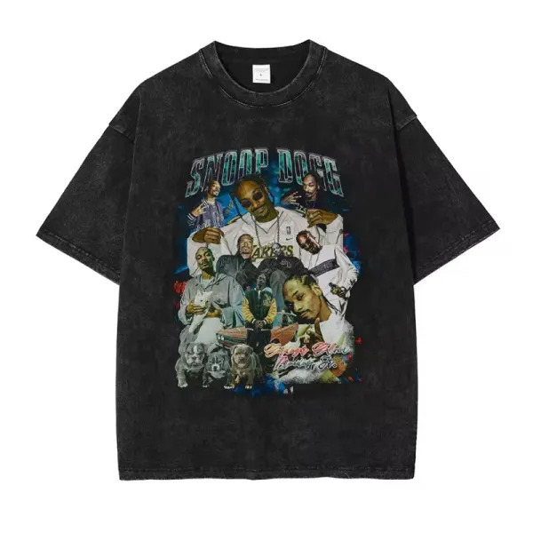 Design Snoop Dogg Collage Print Acid Wash Black T-Shirt T-Shirts - 1