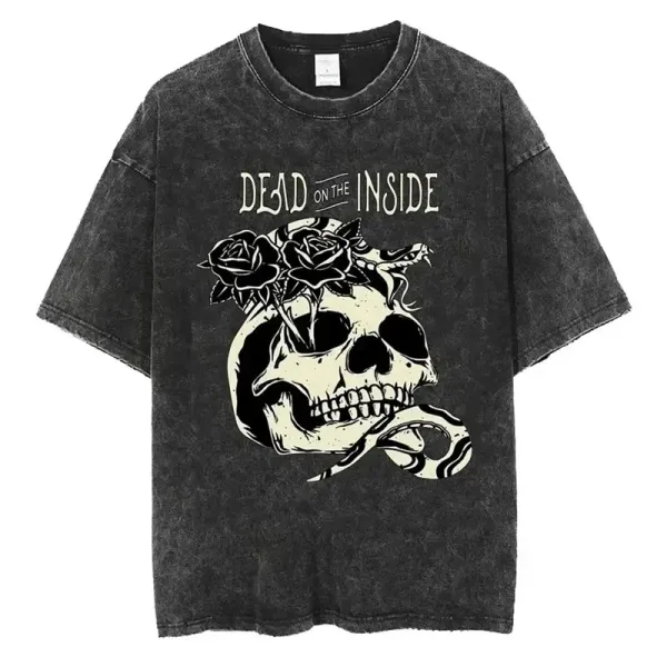 Design Dead On The Inside Skull Rose Acid Wash T-Shirt T-Shirts - 1