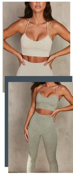 Design Ribbed Halter Crop Top and High-Waisted Leggings Set Beige Activewear - 15