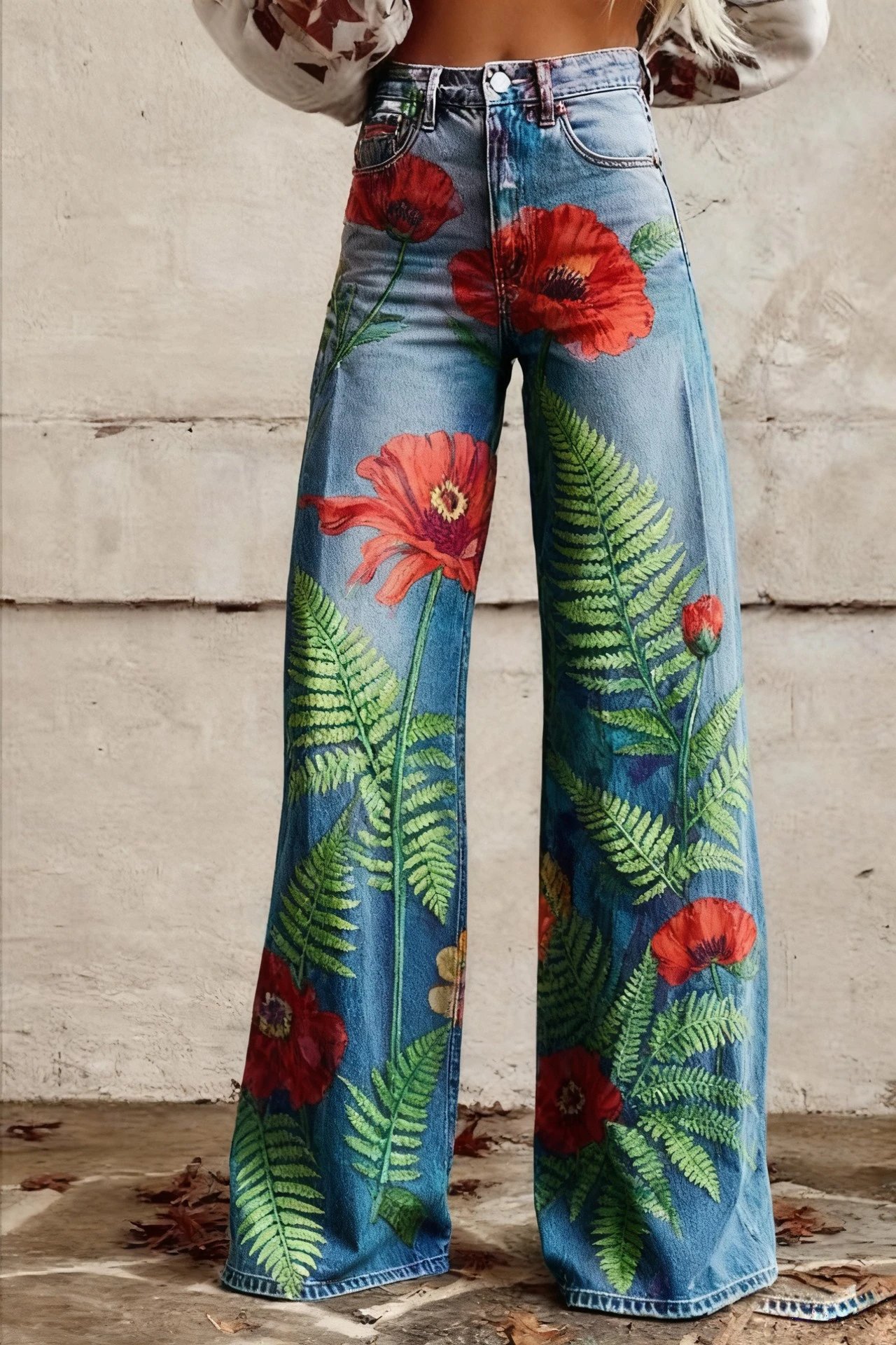 Design Floral Print Wide-Leg Jeans Blue - 4