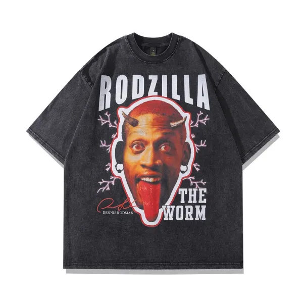 Design Dennis Rodman x Custom 'Rodzilla The Worm' Distressed Black T-Shirt T-Shirts - 1