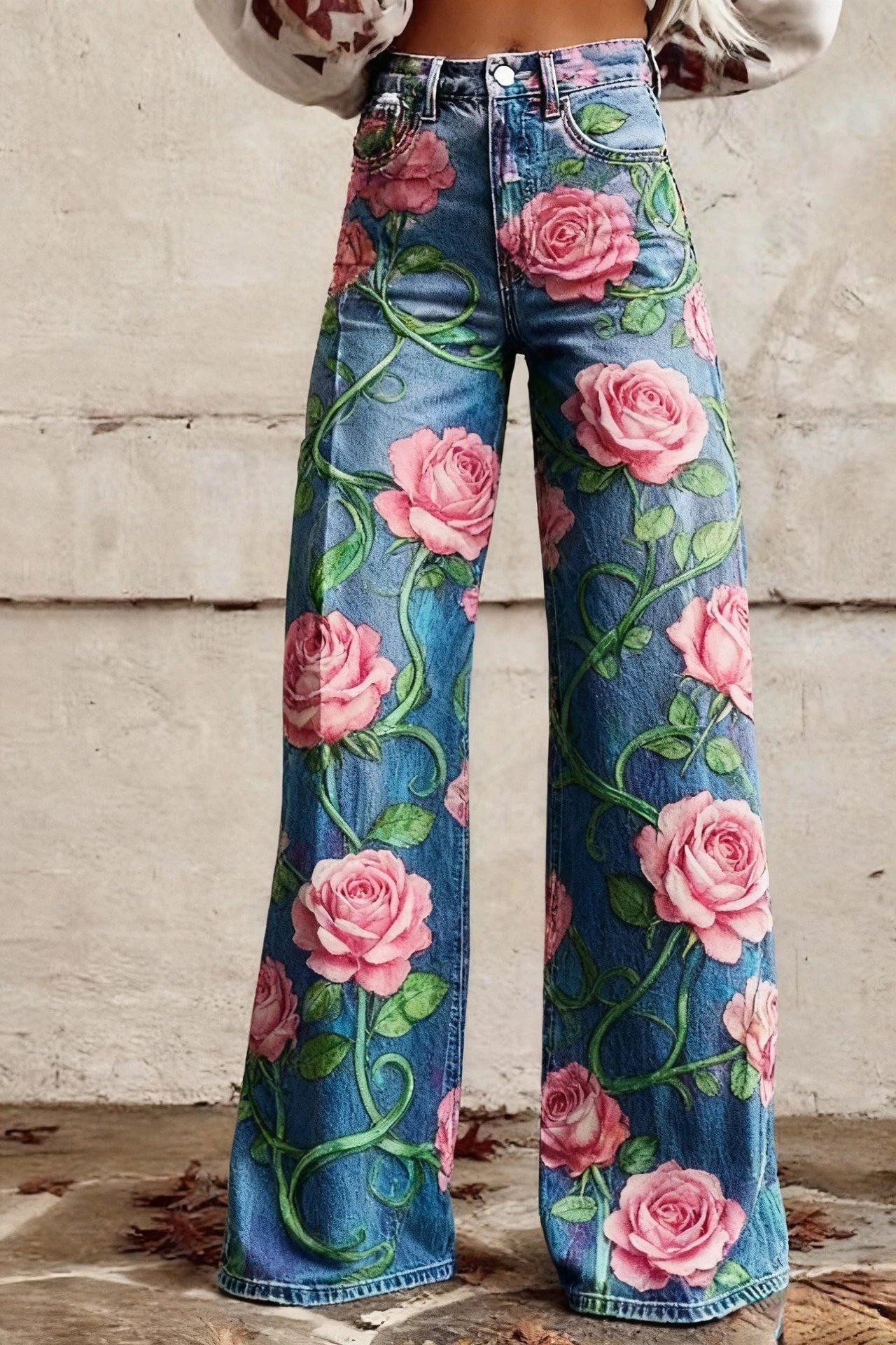 Design Floral Print Wide-Leg Jeans Blue - 6