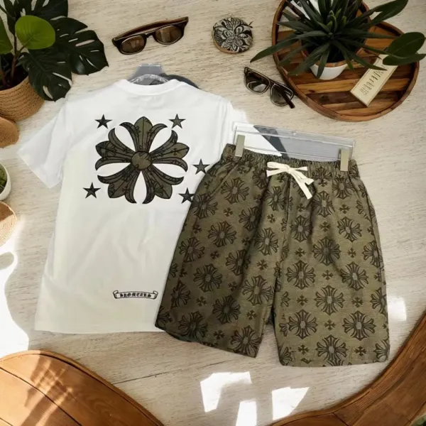 Chrome Hearts Floral Print T-Shirt and Shorts Set White / Army Green - 3