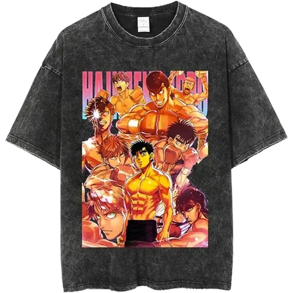 Design Hajime No Ippo Anime Group Print Acid Wash Black T-Shirt Tops.t Shirts - 1