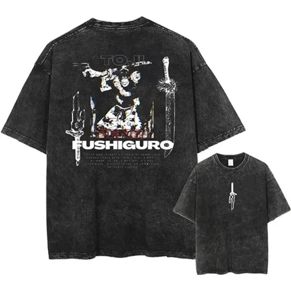 Design Fushiguro T-Shirt Black Acid Wash Graphic Tee T-Shirts - 1