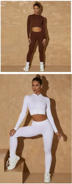 Design Ribbed Zip-Front Crop Top and Leggings Set Brown Activewear - 12