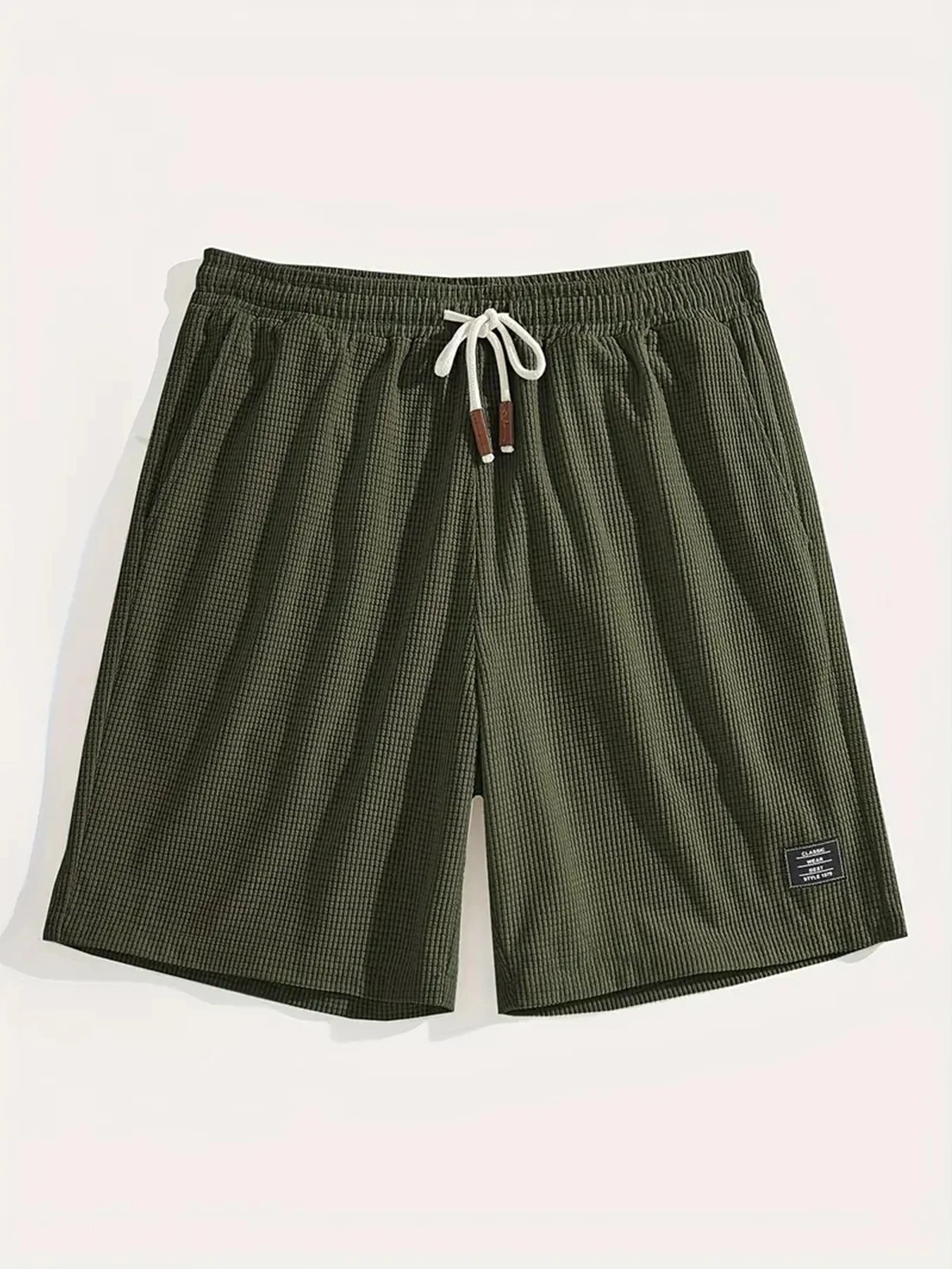 Design Waffle Texture Drawstring Shorts Olive Green Shorts - 23