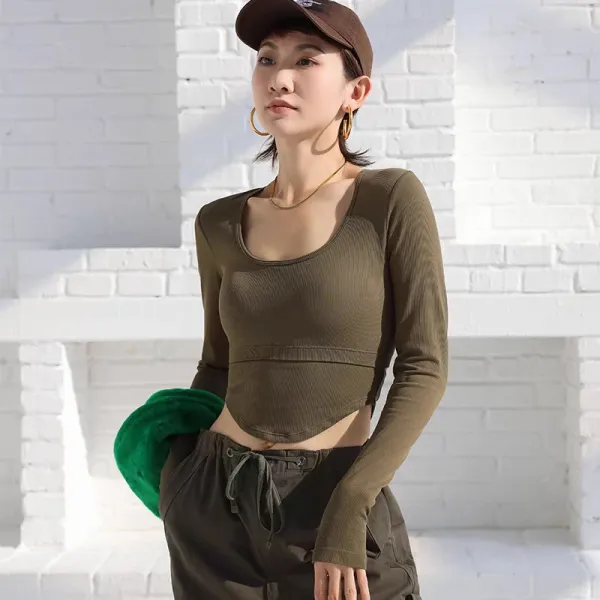 Design Olive Ribbed Cropped Long-Sleeve Top with Scoop Neck Tops - 1