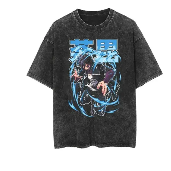 Design Anime Graphic Acid Wash Black T-Shirt - 1