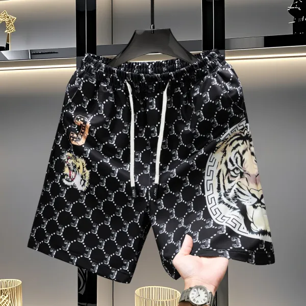 Design Zigzag Pattern Bear Embroidery Shorts Multicolor - 8