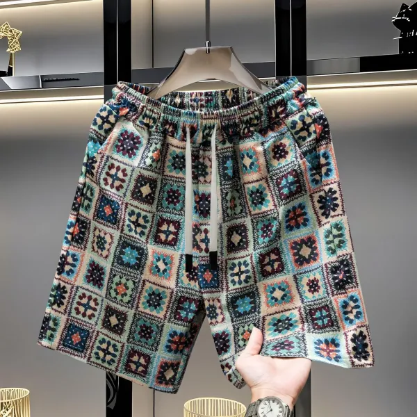 Design Zigzag Pattern Bear Embroidery Shorts Multicolor - 12
