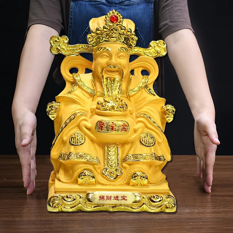 Design Golden Cai Shen Ye Statue with Treasure Basin Decorative Figurine Accessories