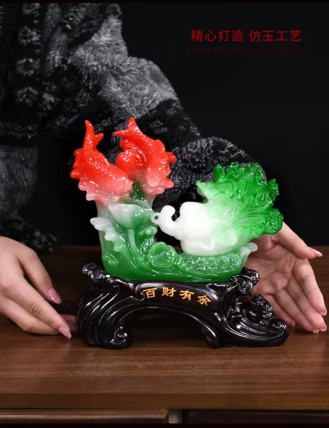 Design Decorative Jade-style Fish and Cabbage Ornament with 'Bai Cai You Yu' Base Accessories - 3