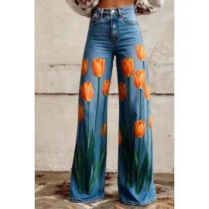 Design Floral Print Wide-Leg Jeans Blue