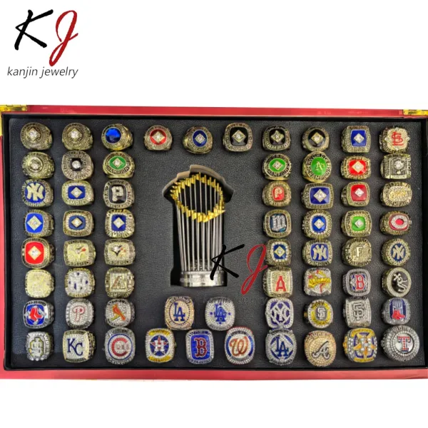 MLB Championship Rings Collection with World Series Trophy Replica in Display Case Jewelry - 4