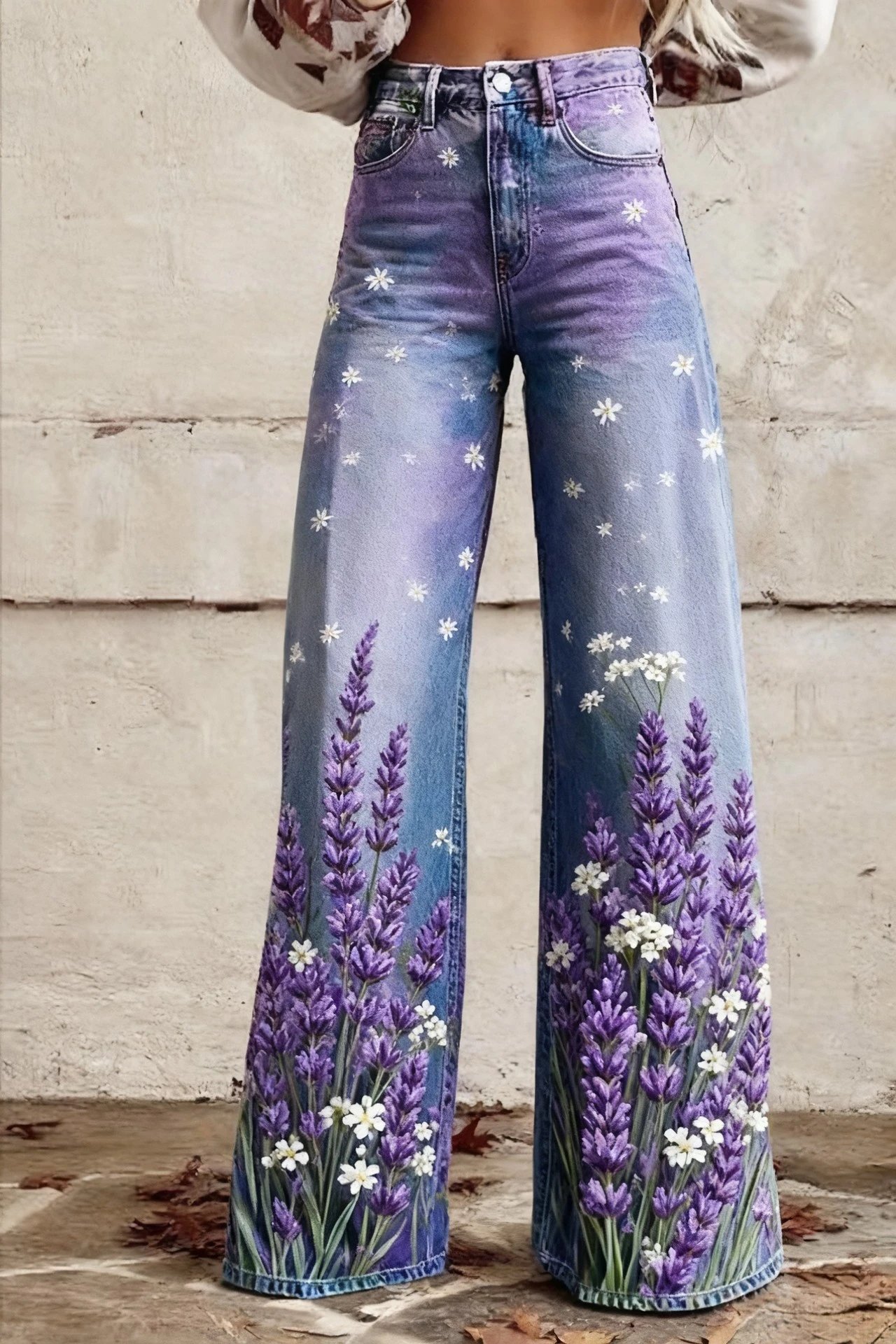 Design Floral Print Wide-Leg Jeans Blue - 10