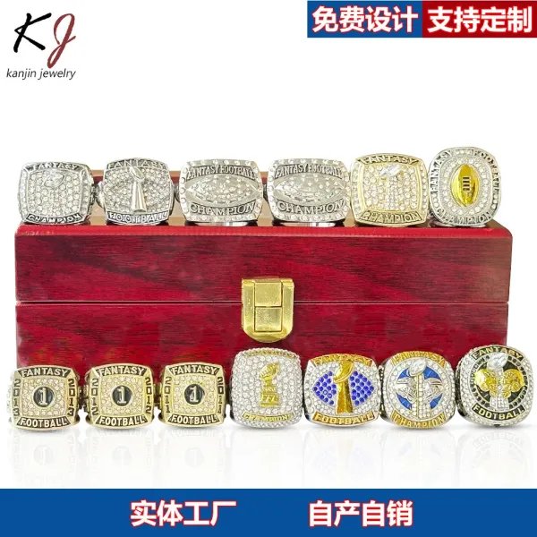 Design Kanjin Jewelry Fantasy Football Championship Ring Gold Silver Black Rhinestone Ring Jewelry - 6