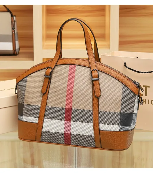 Burberry Check Print Boston Bag Tan Handbags - 17