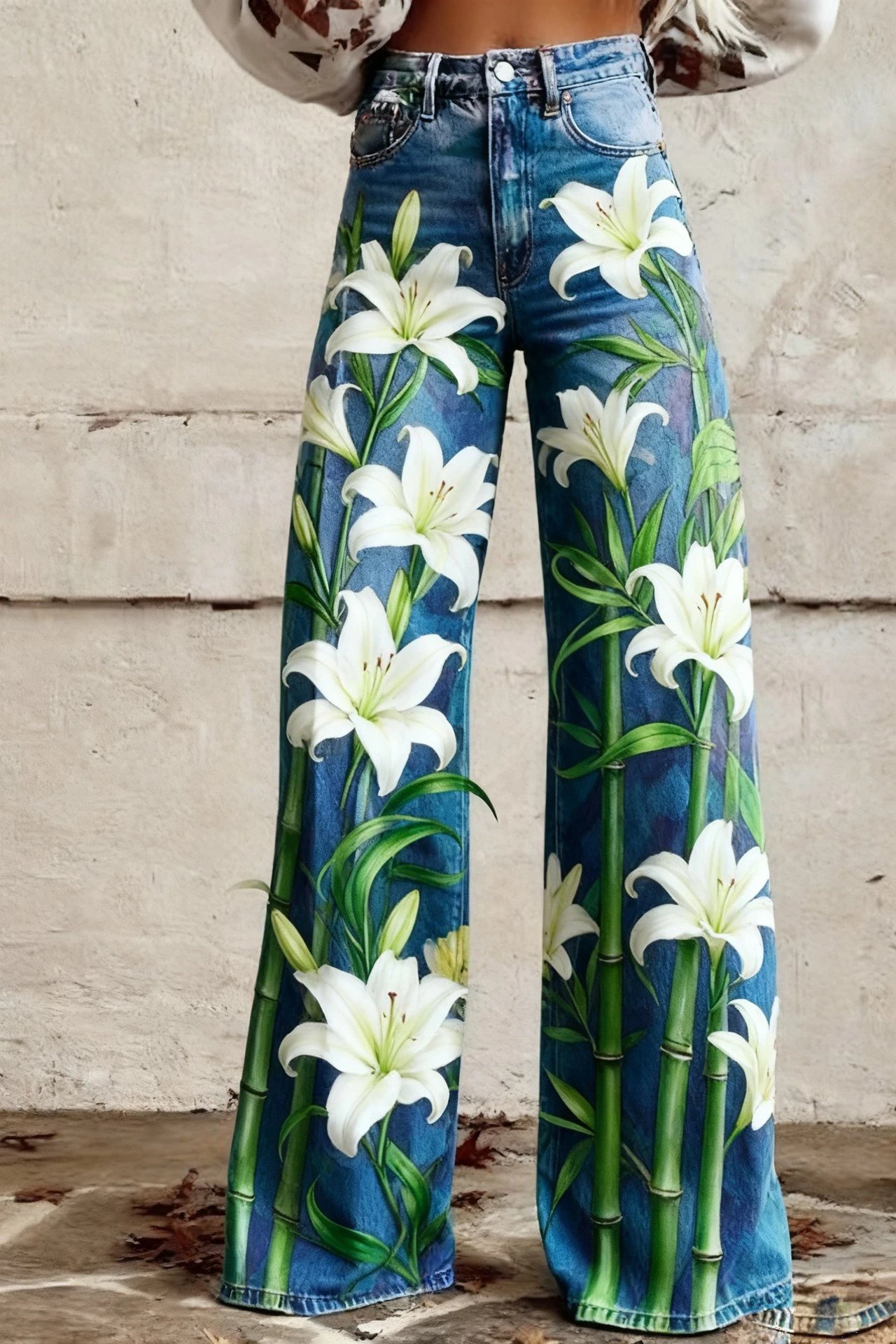 Design Floral Print Wide-Leg Jeans Blue - 5