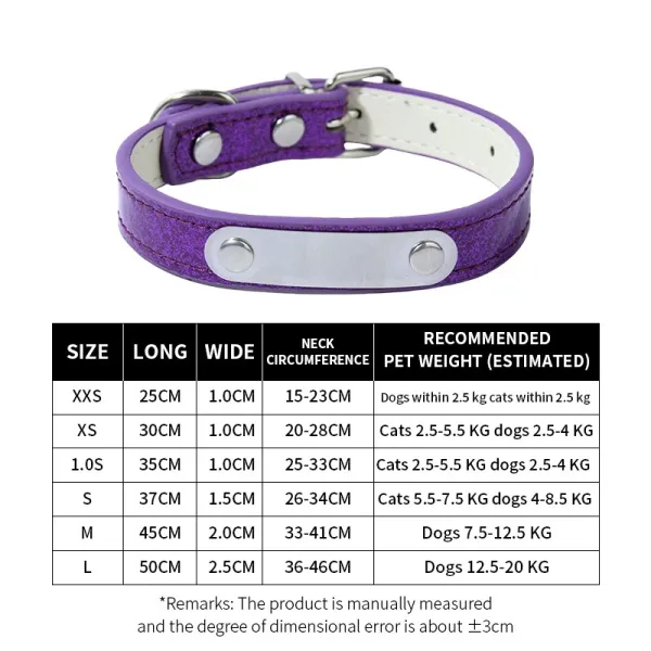 Design Purple Glitter Leather Pet Collar with Engraved Plate Accessories - 1