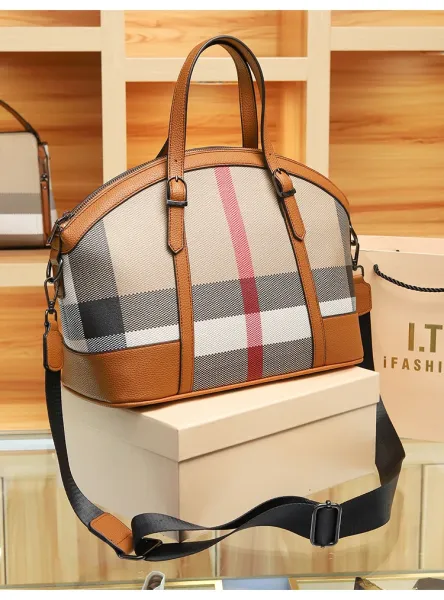 Burberry Check Print Boston Bag Tan Handbags - 19