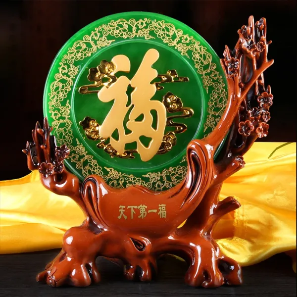 Design Decorative Jade-Inspired 'Fu' Plaque with Tree Root Base Green Gold Ornament Accessories - 1