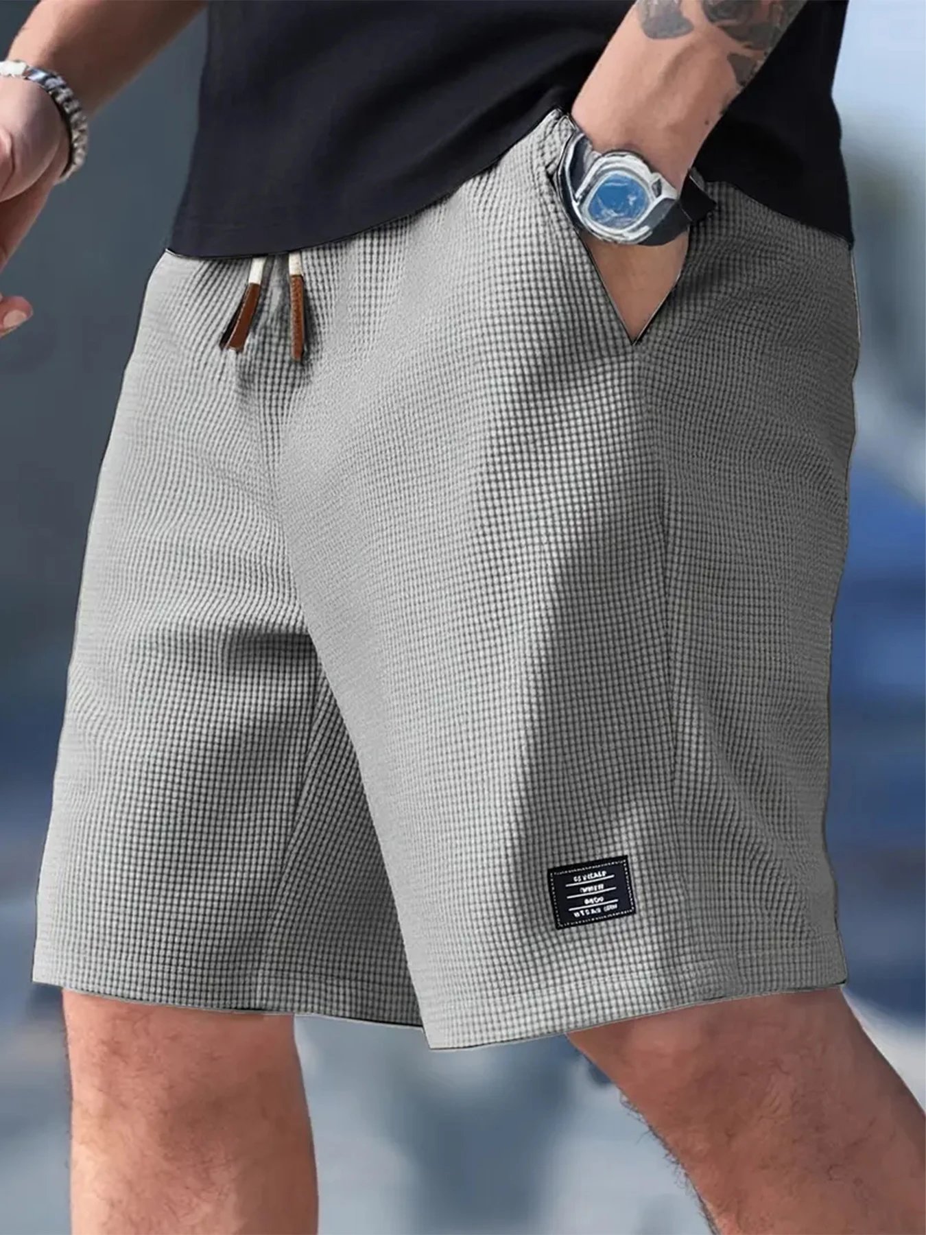 Design Waffle Texture Drawstring Shorts Olive Green Shorts - 27
