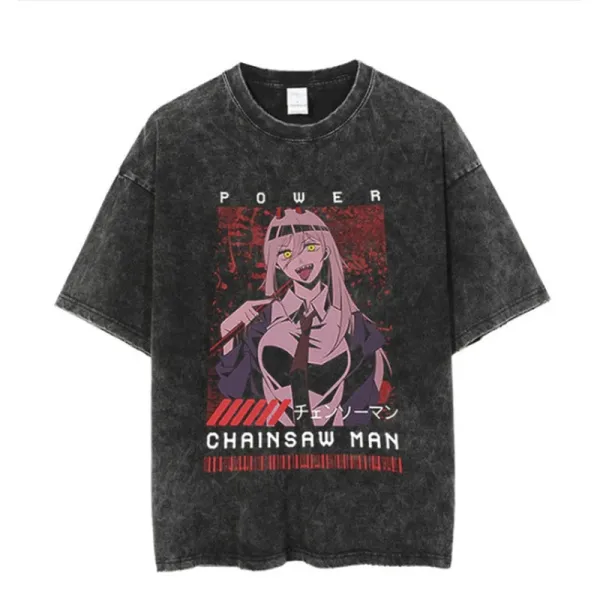 Design Chainsaw Man Power Graphic Acid Wash T-Shirt - 1