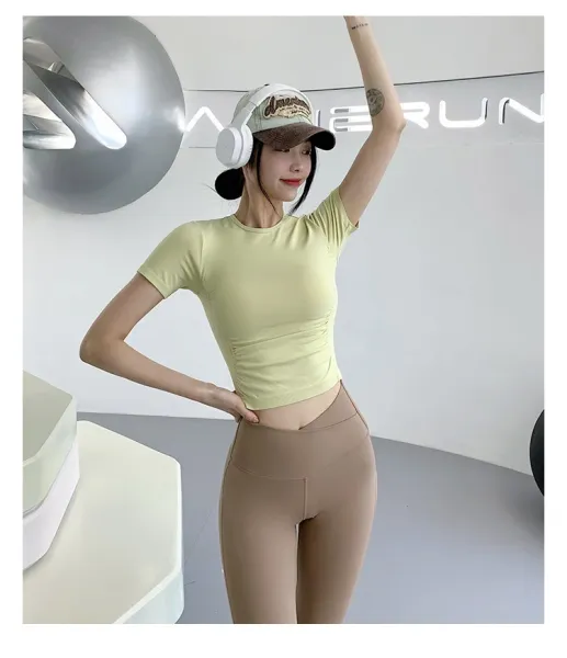Design Cropped Short-Sleeve T-Shirt Pink + High-Waisted Leggings Brown Activewear - 13