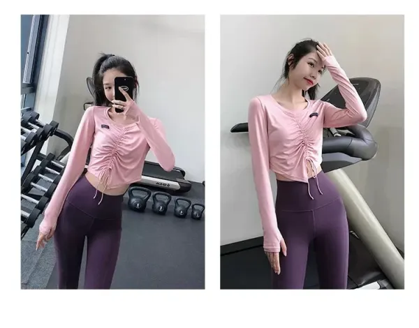 Design Long Sleeve Ruched Crop Top White Activewear - 18