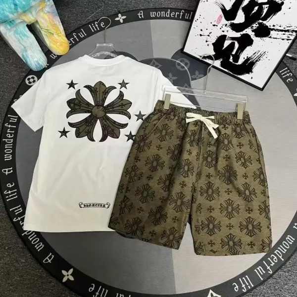 Chrome Hearts Floral Print T-Shirt and Shorts Set White / Army Green - 7