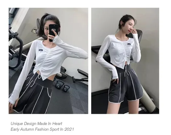 Design Long Sleeve Ruched Crop Top White Activewear - 20