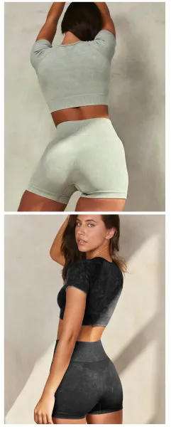 Design Acid Wash Black Crop Top and High-Waist Shorts Set - 15